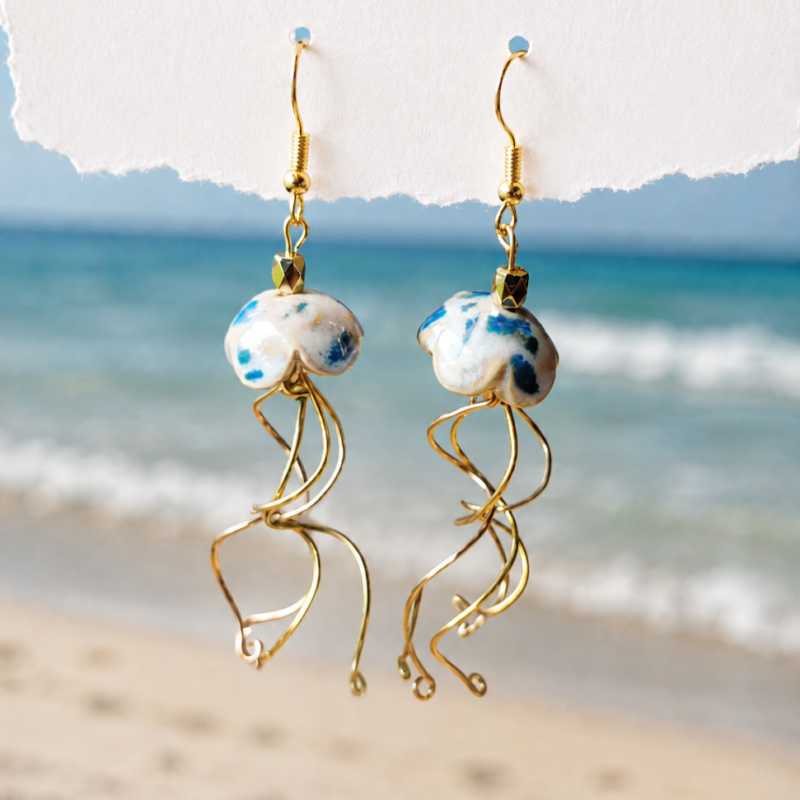 Handmade Blue Ceramic Jellyfish Earrings