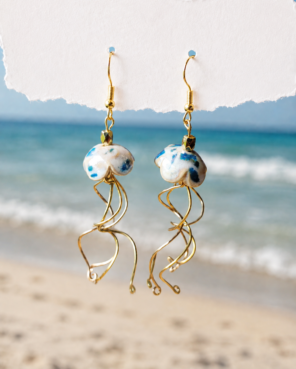 Handmade Blue Ceramic Jellyfish Earrings