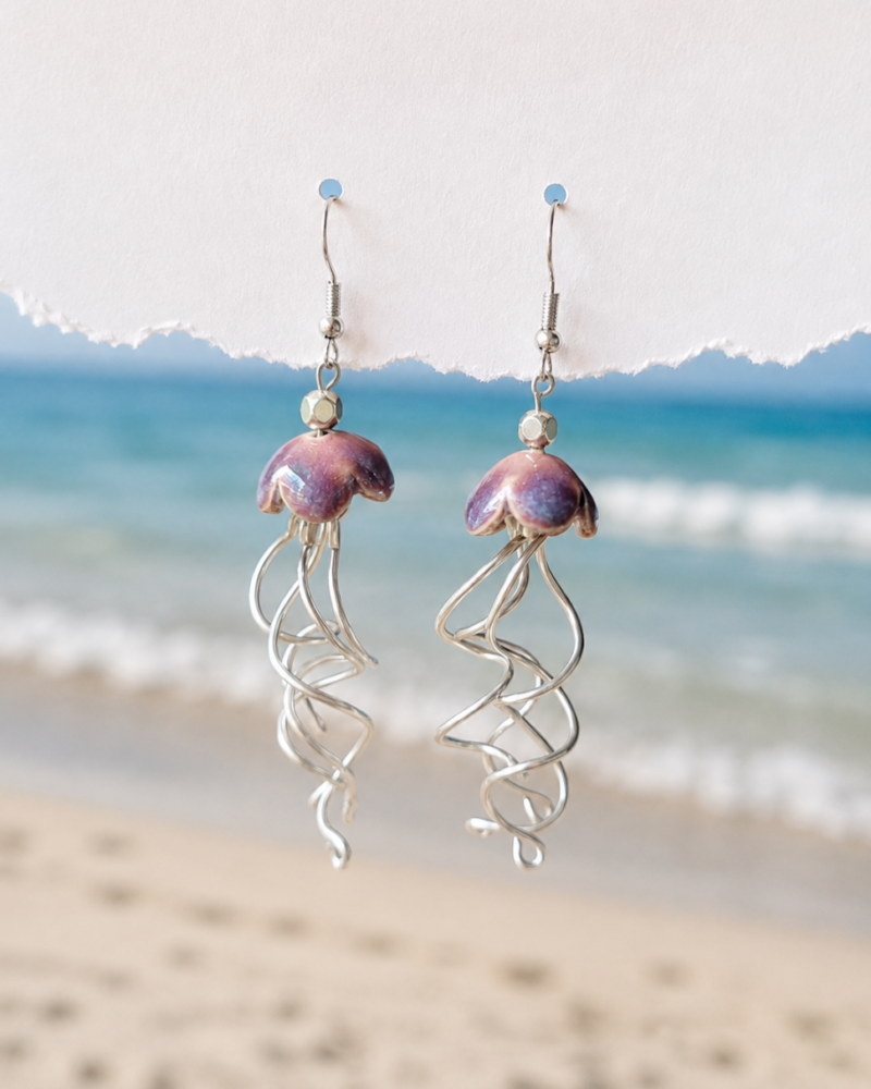 Handmade Purple Ceramic Jellyfish Earrings
