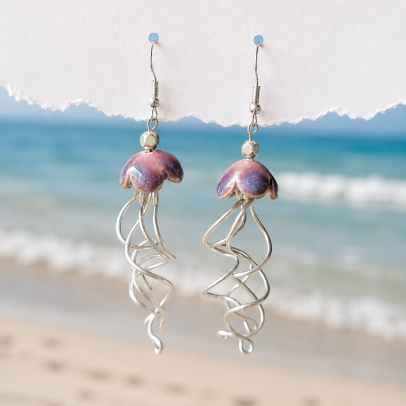 Handmade Purple Ceramic Jellyfish Earrings