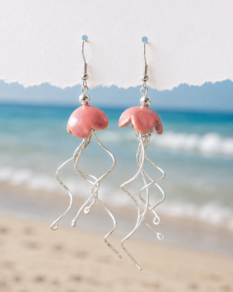 Handmade Pink Ceramic Jellyfish Earrings