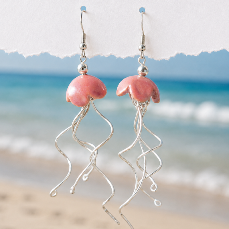 Handmade Pink Ceramic Jellyfish Earrings