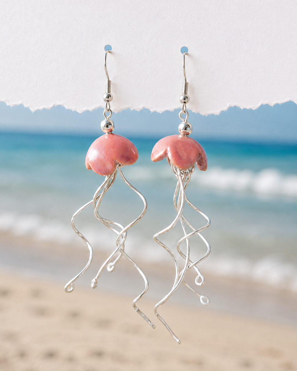 Handmade Pink Ceramic Jellyfish Earrings